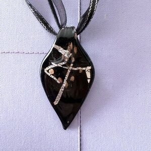 Blown Glass Teardrop Pendant Necklace Handcrafted Black Silver Gold Abstract